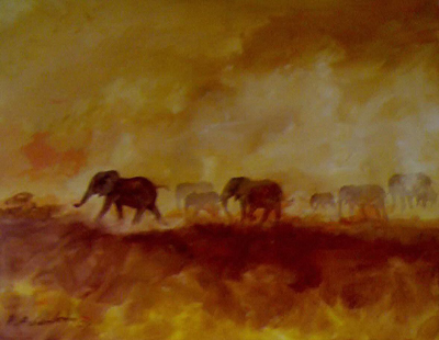 Bild Eine Herde Elefanten im Sonnenuntergang von Uli Aschenborn
